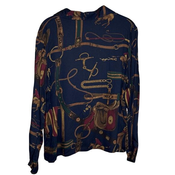 Pendleton Shirt Womens 12 Petite Navy Equestrian Horse Bridle Print 100% Rayon - Picture 5 of 6